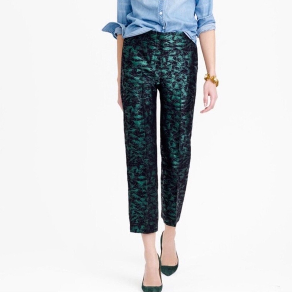 New JCrew Jacquard Metallic Evergreen Green Cropped Straight Leg Pant Petite 12